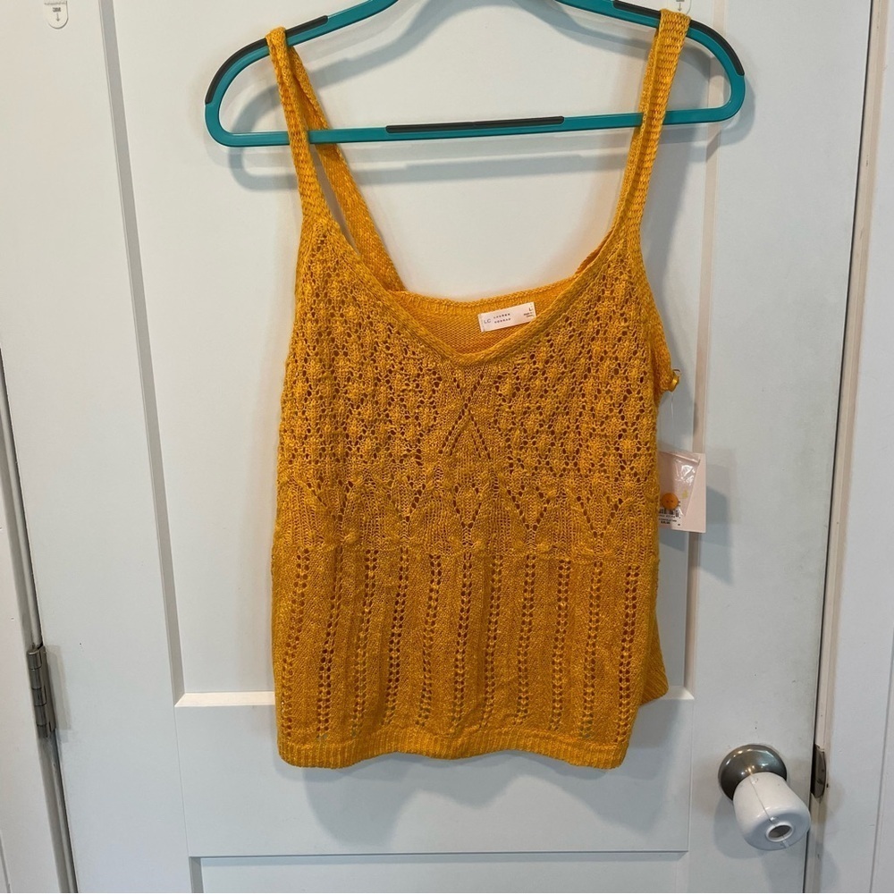 LC Lauren Conrad Women’s Pointelle Sweater Tank Top V neck Yellow Size Lg NWT - Picture 2 of 10